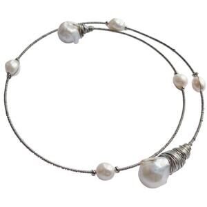 Genuine Baroque Pearl Collar Choker Necklace Memory Wire Wrap Silver Tone
